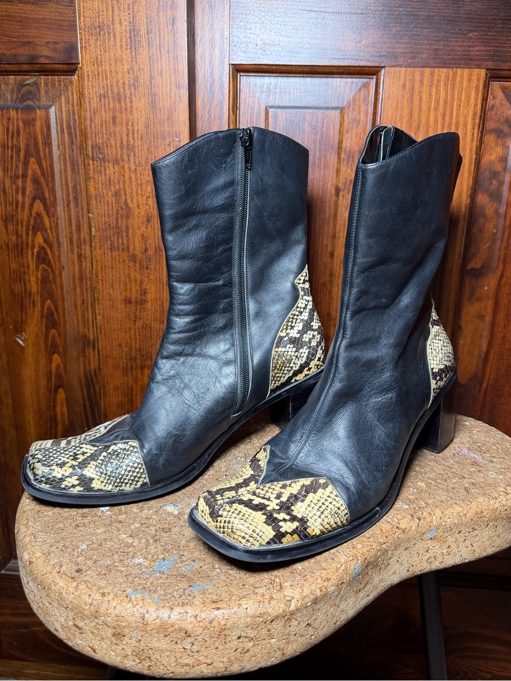 Vintage Black Leather and Tan Snakeskin Boots